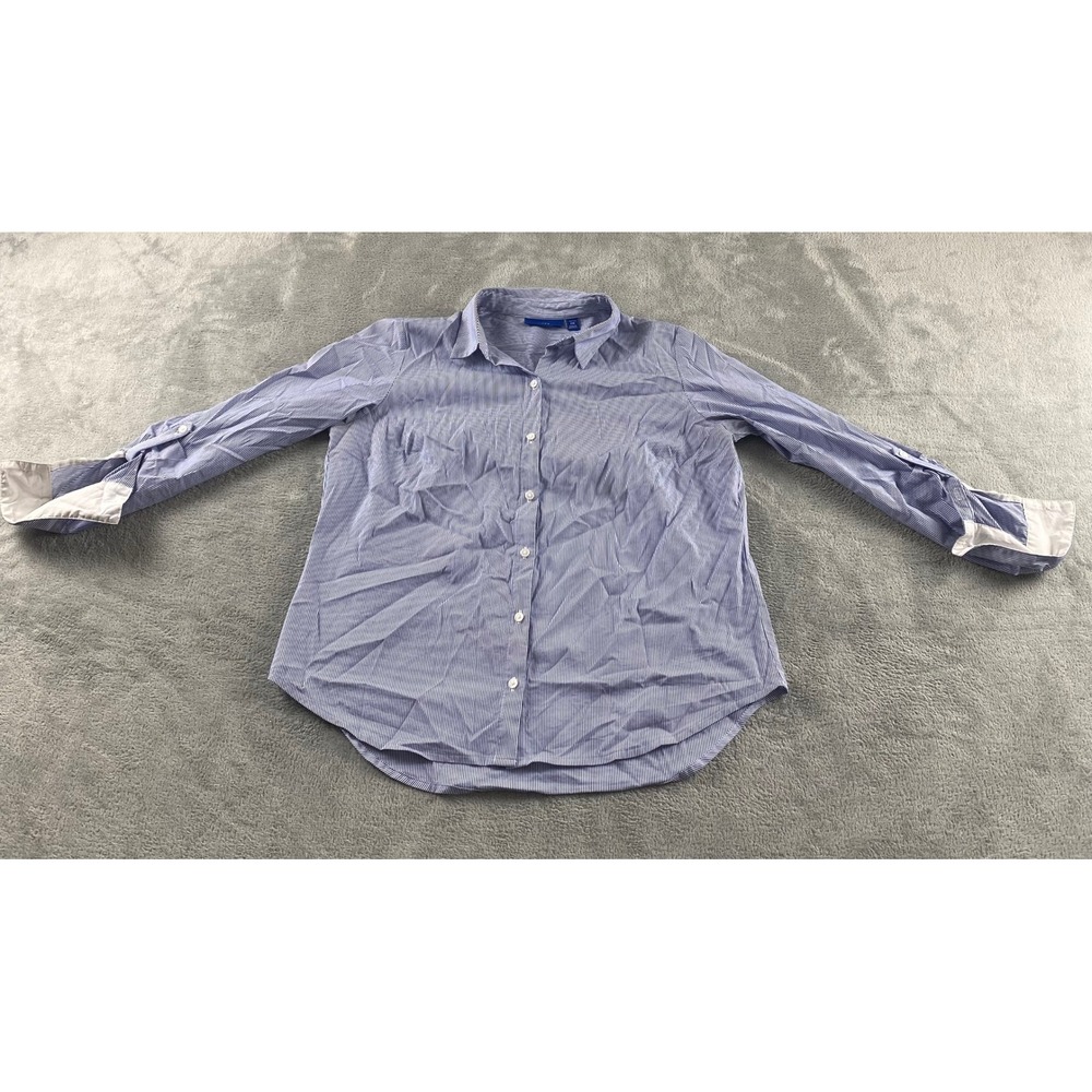 Apt. 9 Womens Petite PM Blue White Pinstripe Roll Tab Sleeve Button Down‎ Shirt